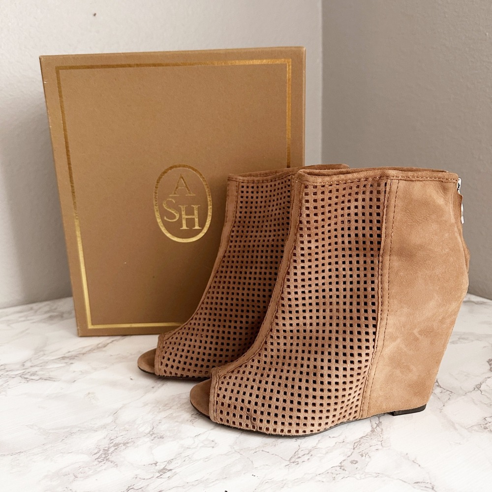 Ash June Taupe Perforated Suede Open Toe Wedge Bootie Womens Size 37.5